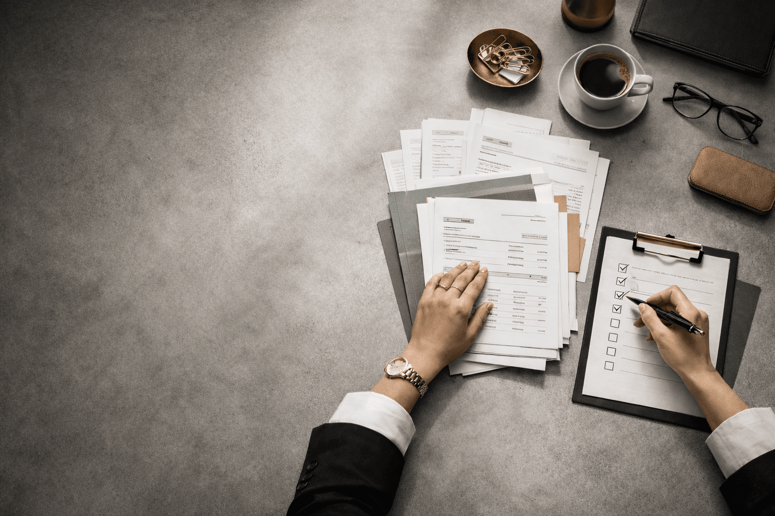 Top-down desk scene with hands organizing financial paperwork and checking a document list.